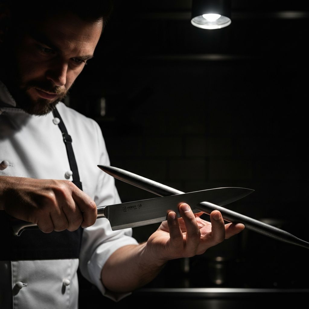 Professional chef honing a Made In forged knife